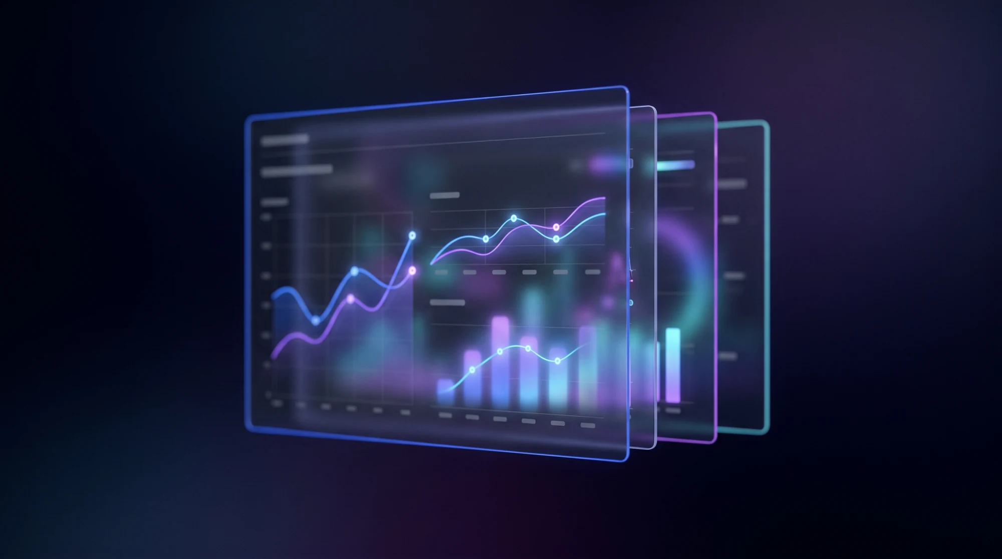 Zwevende glazen dashboardpanelen met abstracte grafieken in blauw en violet tegen een diepzwarte achtergrond.